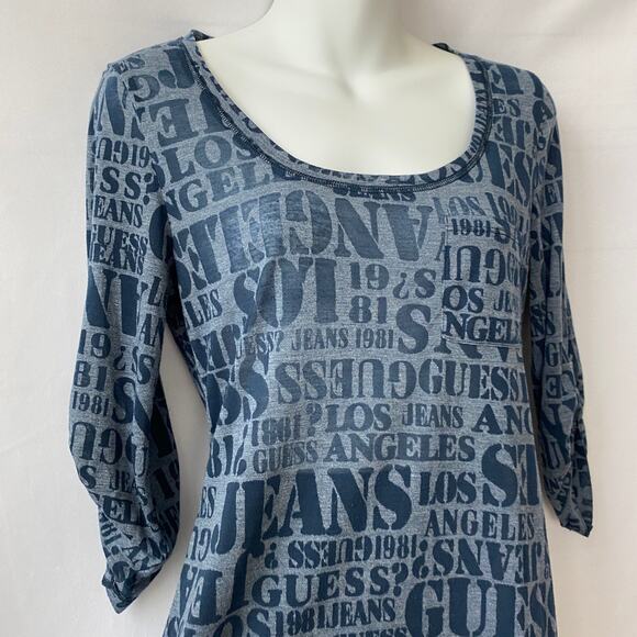 Vintage Y2K Guess Logo Print Top Women Size M Navy Fitted Paper Thin Half Sleeve - Picture 2 of 10